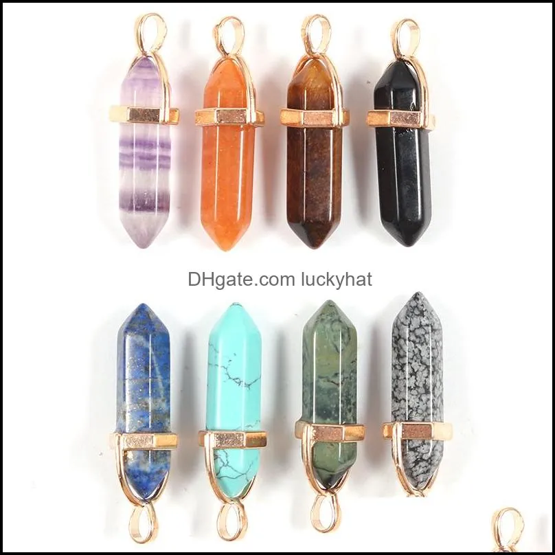 wholesale natural crystal column stone hexagonal pillar point charms trendy pendants golden metal for earrings necklace jewelry making