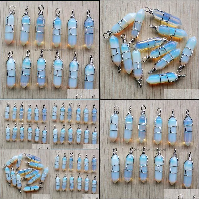 opal stone pillar shape point pendulum charms handmade silver color iron wire pendants for fashion jewelry making wholesale