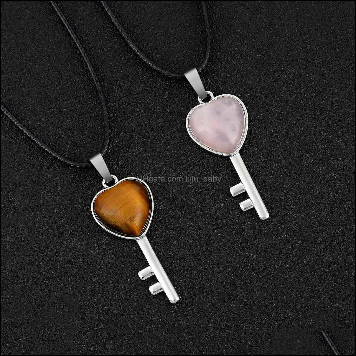 love heart key gemstone pendant necklace 18inch black cord for women men birthstone healing chakra crystal quartz jewelry