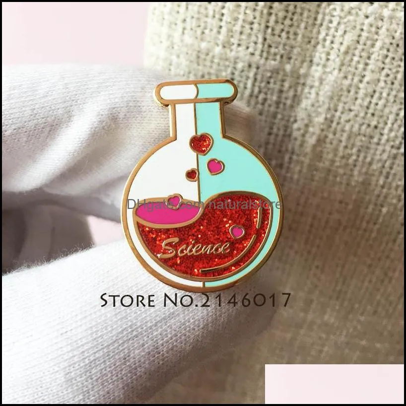 10pcs chemical knowledge study lab flask pins brooch science lapel pin fantastic custom enamel metal glitter badge flask metal