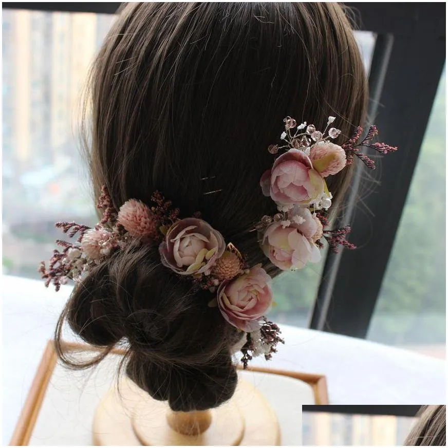 3pcs/set bride mori headdress headpieces dry lace princess bohemian country flower hair pinch set korean bridal wedding jewelry hair accessories