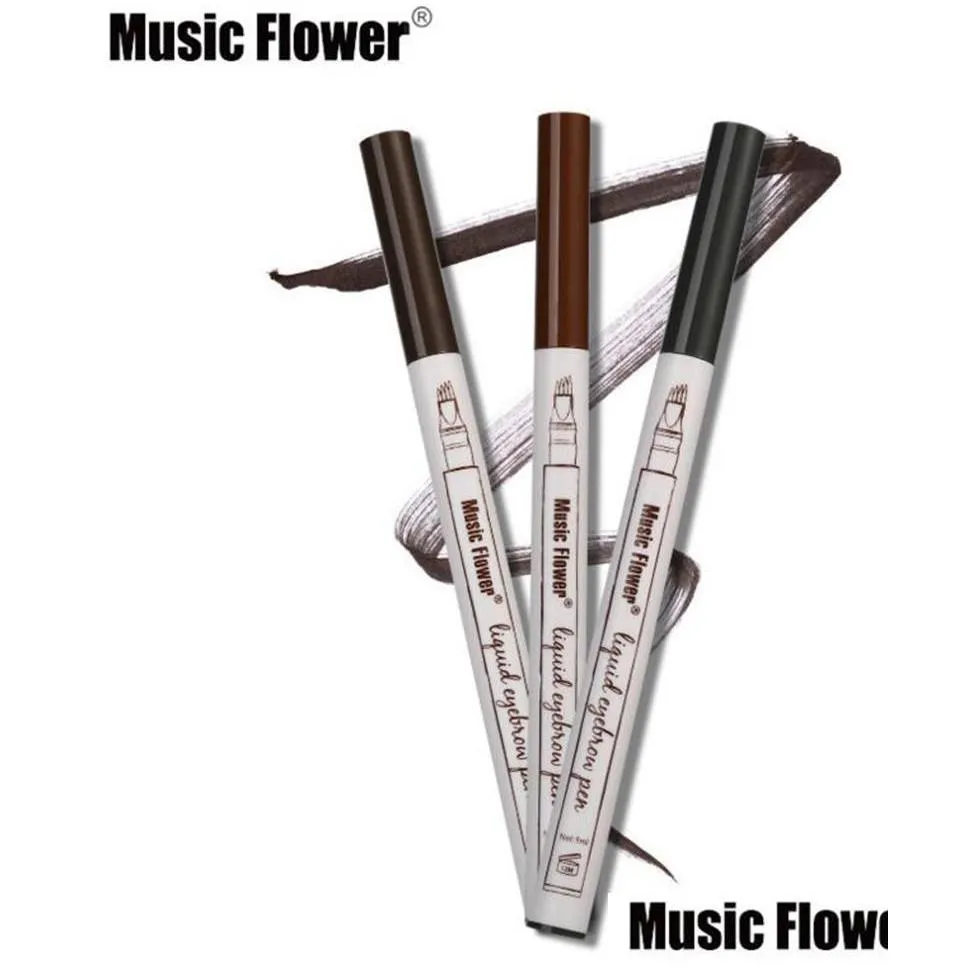 hot music flower liquid eyebrow pen enhancer four head eyebrow enhancer waterproof 3 colors chestnut brown dark grey makeup