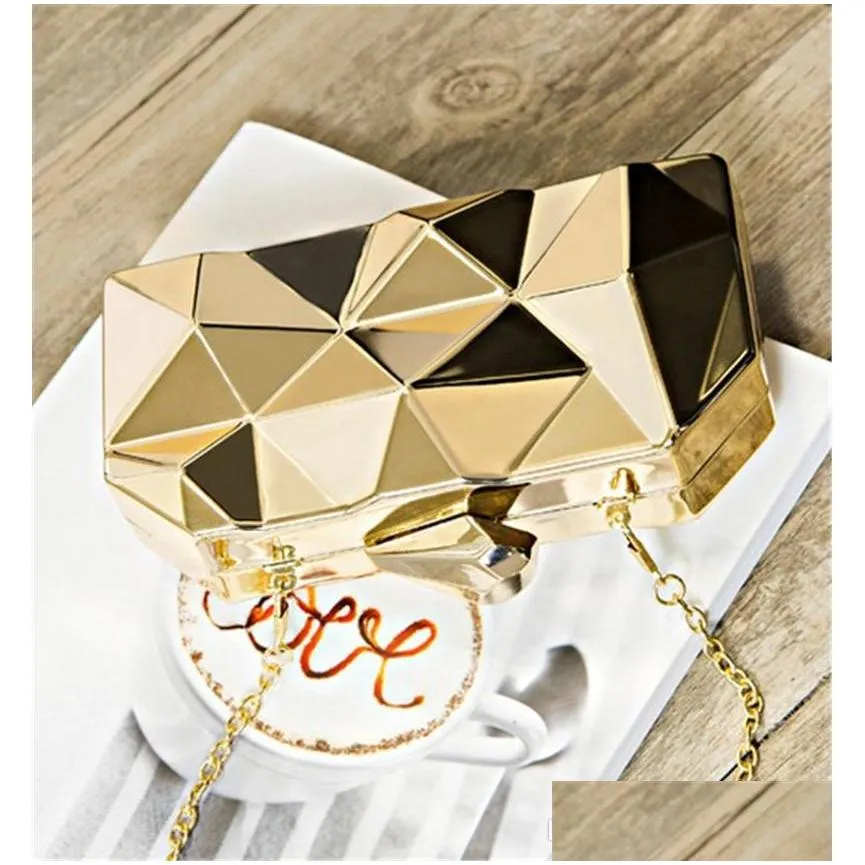 geometric small cross body pu purse for women fashion clutch evening bags silver golden wedding handbag with long metallic chain