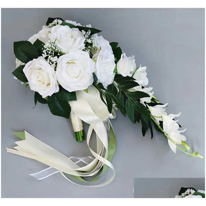 artificial rose bridal wedding bouquet crystals artificial flower wedding accessories bridesmaid bridal hand holding brooch flowers
