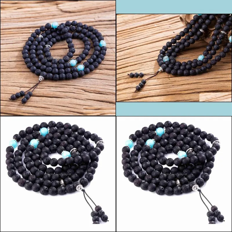 10pc/set natural stone beads elastic lava rock bracelet with round stainless steel charm bead handmade jewelry