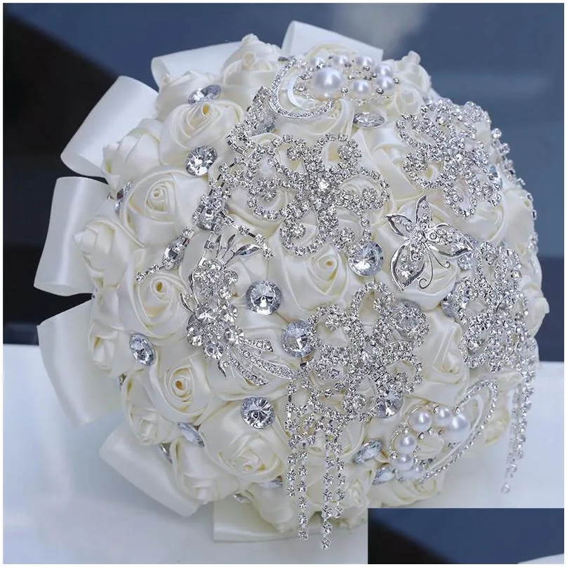 18cm luxury ivory silk rose wedding flowers crystal brooch bridal holding flowers tassel full diamond stitch wedding bouquets