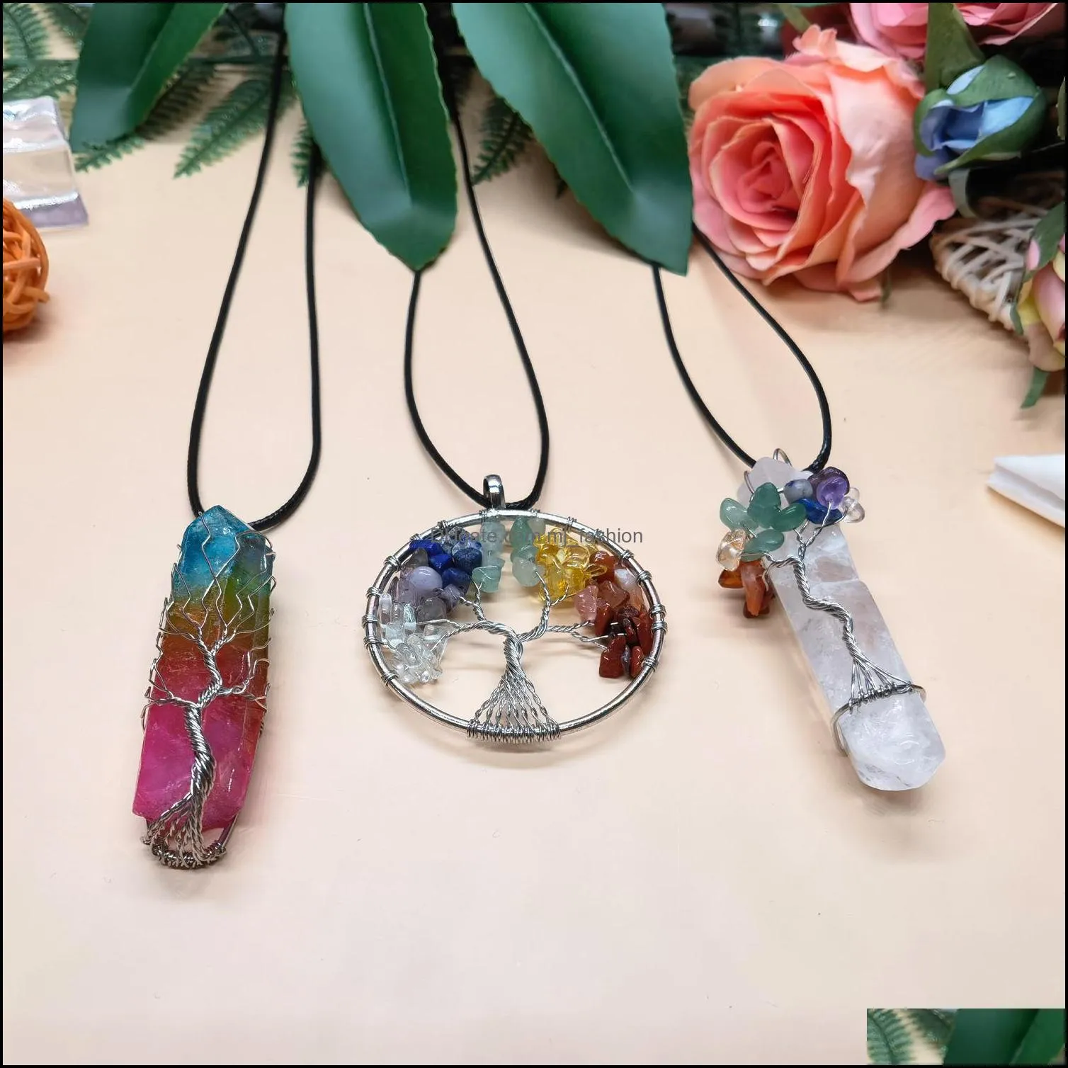 3 pieces tree life pendant quartz crystal necklace chakra gemstone copper silver wire wrap