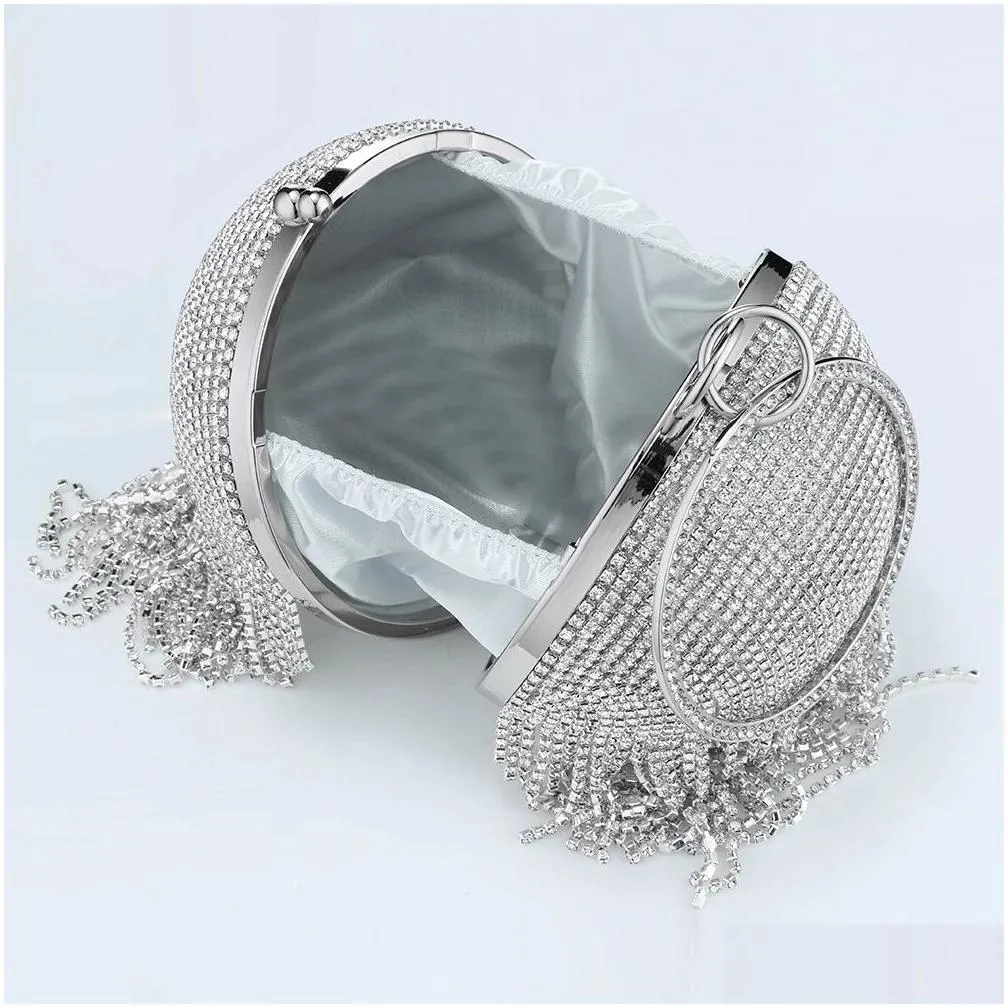 sliver diamonds rhinestone round ball evening handbags for women sparkly crystals fashion mini tassels clutch bag ladies ring handbag round clutches