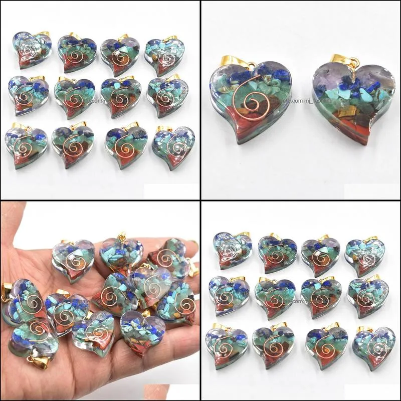 retro colorful natural 7 colors stone resin heart shape charms pendants wholesale for necklace jewelry making