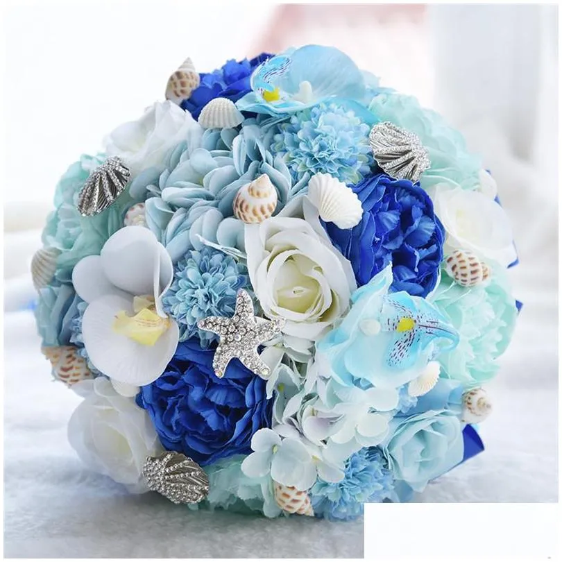 seashell wedding bouquet artificial silk wedding flowers hydrangea garden bride bouquets blue beach starfish bridal bouquet