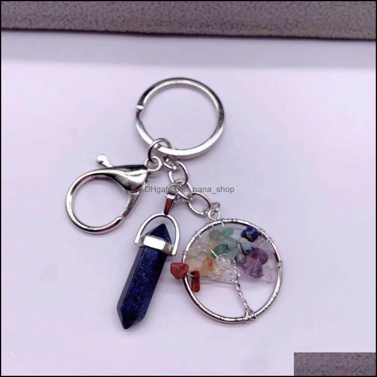 natural stone hexagonal prism quartz keychain colorful gravel tree of life key ring for women men handbag hangle car key holder raw mineral keyring