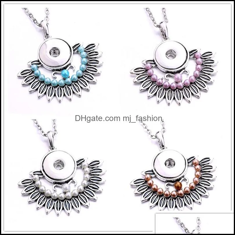 fahion retro silver snap button pendant jewelry acrylic pearl paved feather charms 18mm snaps buttons necklace for women noosa