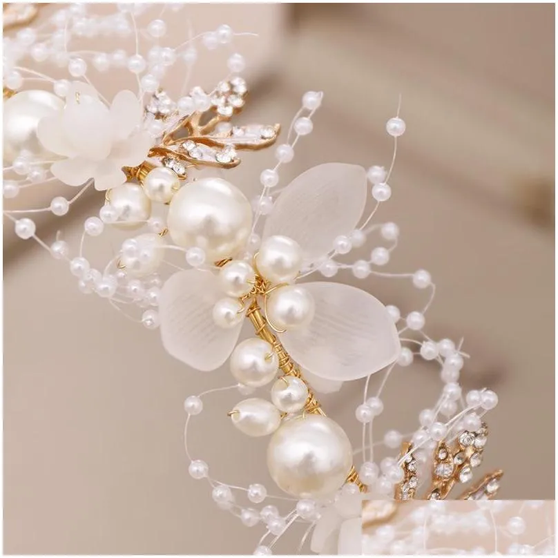 gold flower pearl headband tiara crown wedding bridal princess headbands hair jewelry crystal accessories bride headdress headpiece