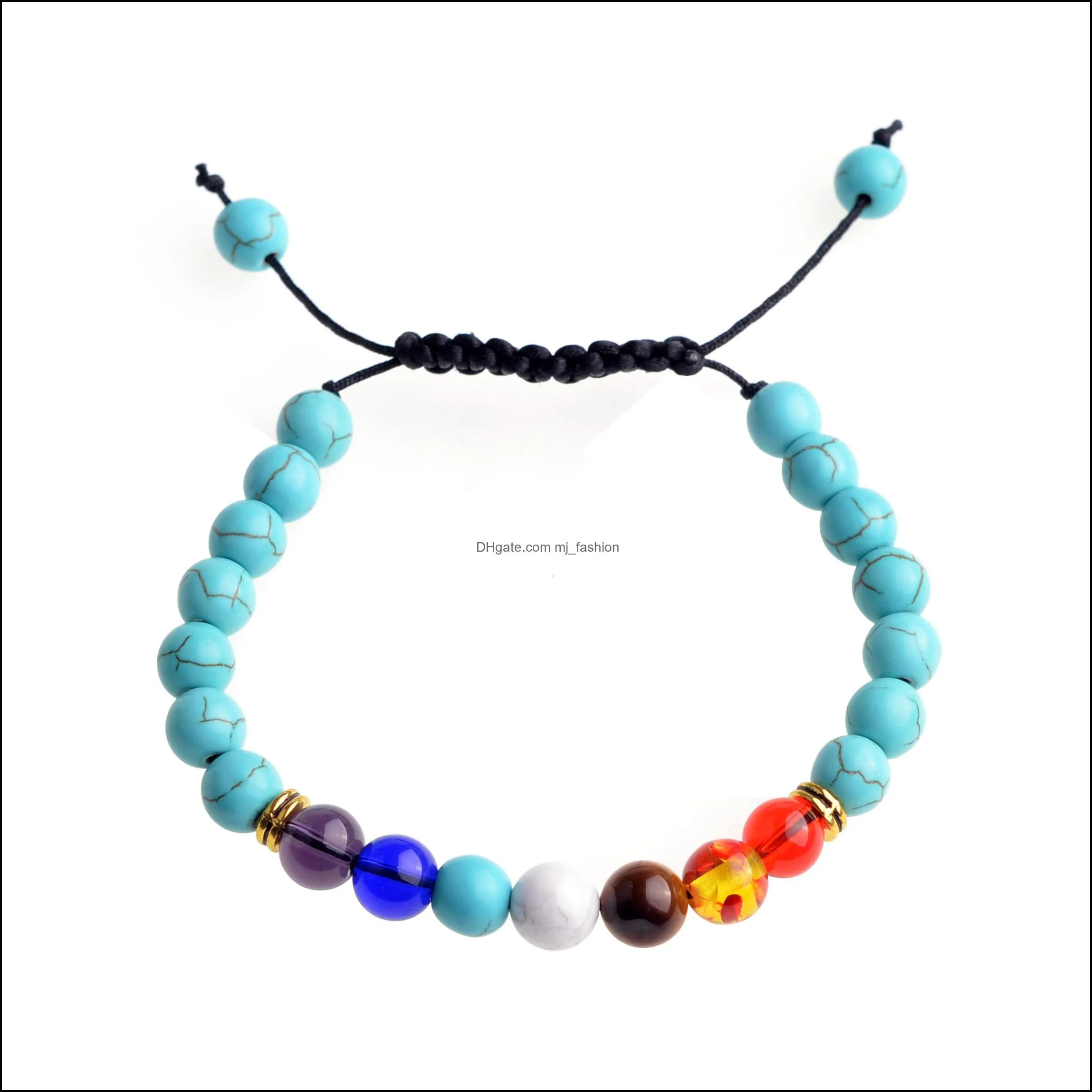 handmade lucky turquoise woven 7 chakra adjustable natural stone bracelet with 8mm round beads for unisex wholesale