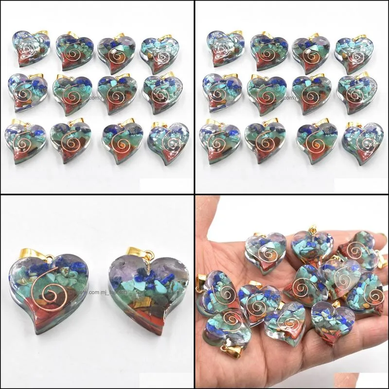 retro colorful natural 7 colors stone resin heart shape charms pendants wholesale for necklace jewelry making