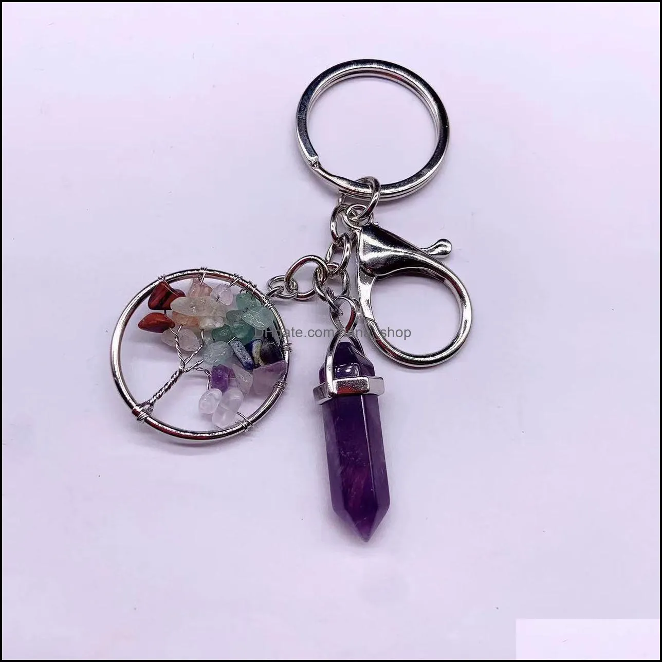 natural stone hexagonal prism quartz keychain colorful gravel tree of life key ring for women men handbag hangle car key holder raw mineral keyring