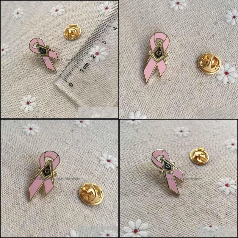 100pcs awareness of breast cancer pins badge masonic master mason awareness pink ribbon lapel pin with square and compass g