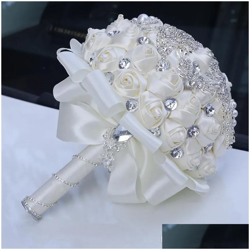 18cm luxury ivory silk rose wedding flowers crystal brooch bridal holding flowers tassel full diamond stitch wedding bouquets
