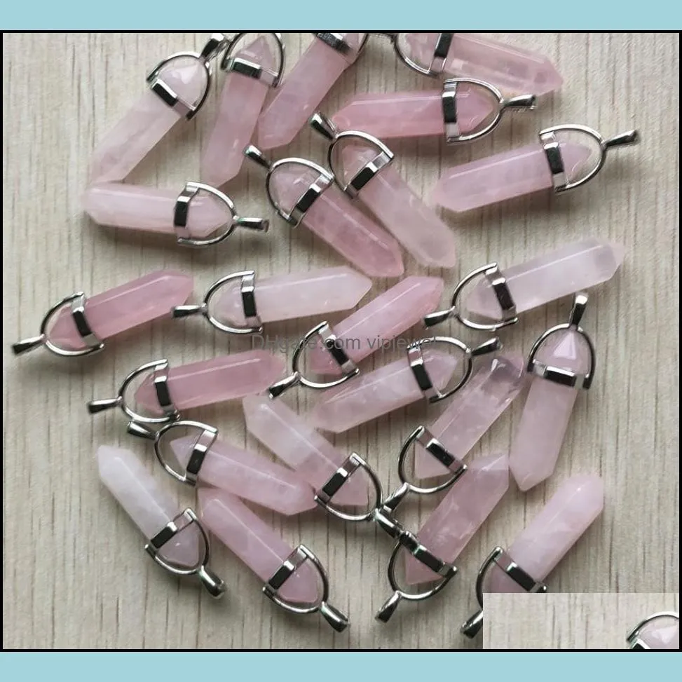 pink crystal rose quartz charms hexagonal prism healing reiki point pendants for jewelry making