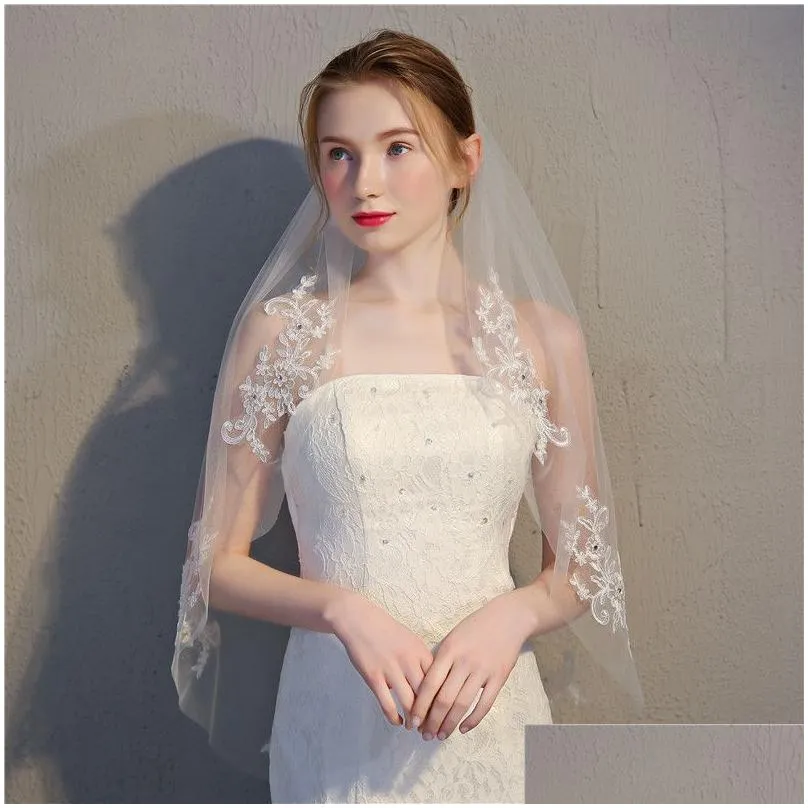 white ivory tulle bride wedding veils with one layer chic lace edged beaded women hair accessories for prom formal events headwear accessories