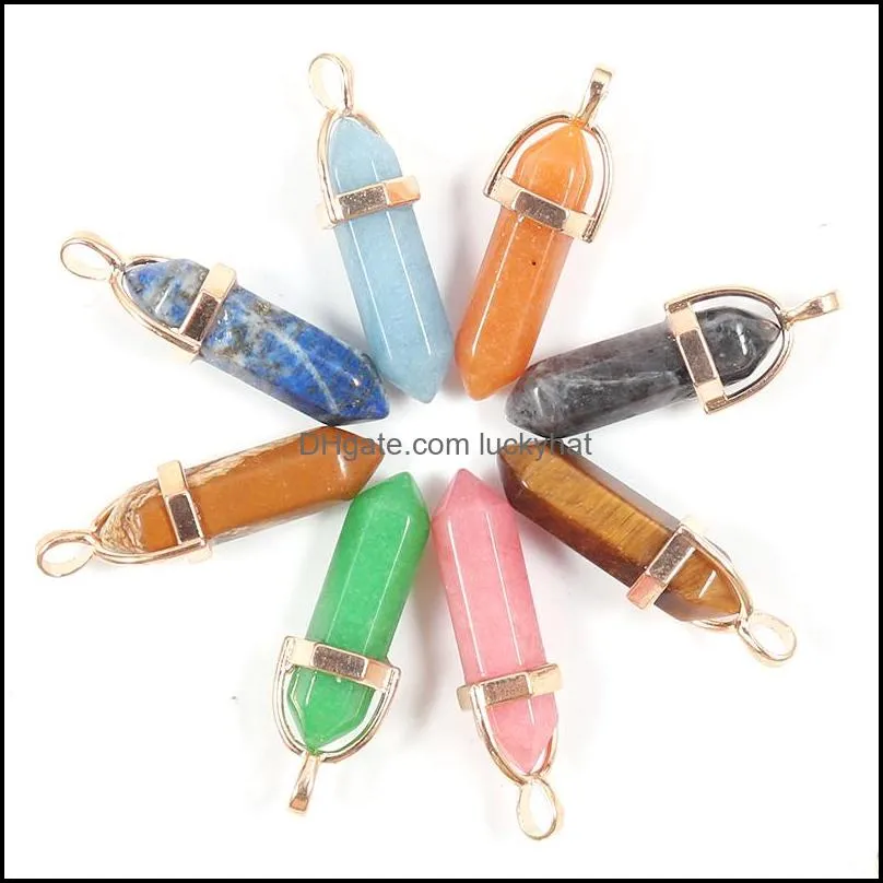 wholesale natural crystal column stone hexagonal pillar point charms trendy pendants golden metal for earrings necklace jewelry making