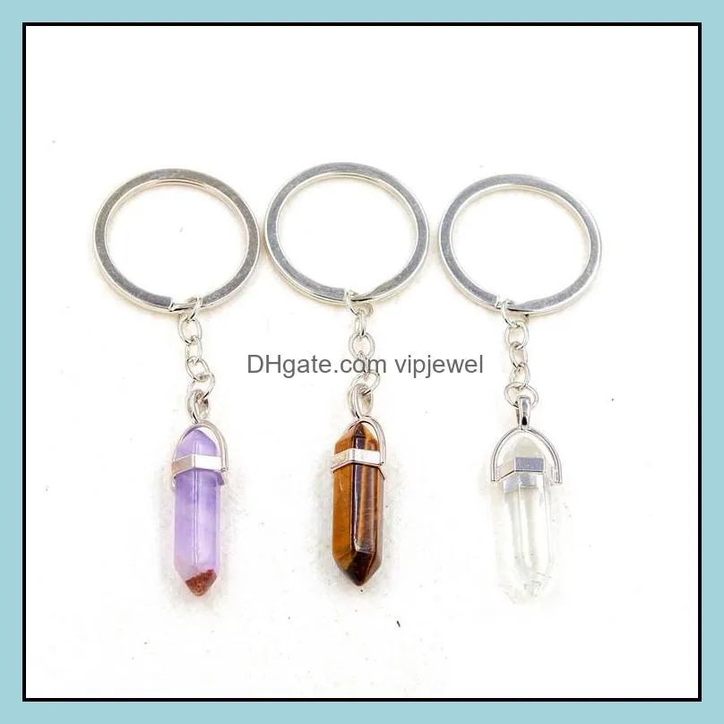 healing reiki chakra carved hexagon natural stone key rings pendant keychain crystal chakras quartz chains jewelry accessories