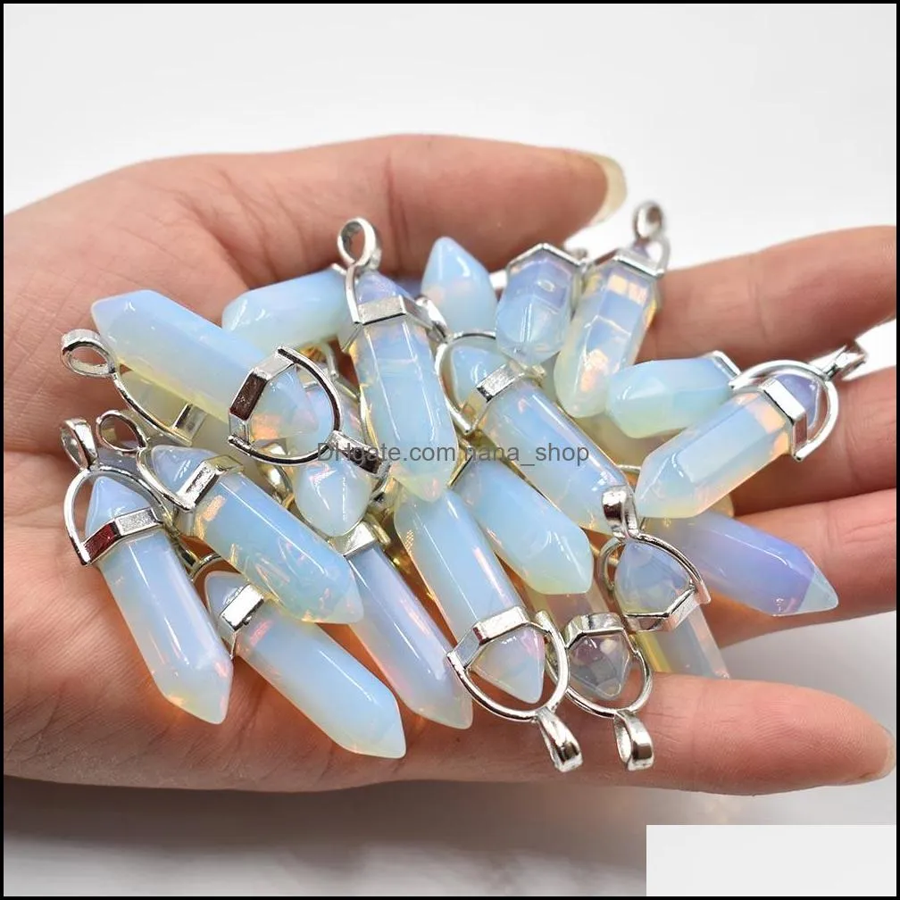 glass opal hexagonal pillar charms stone handmade silver color pendants for jewelry making wholesale