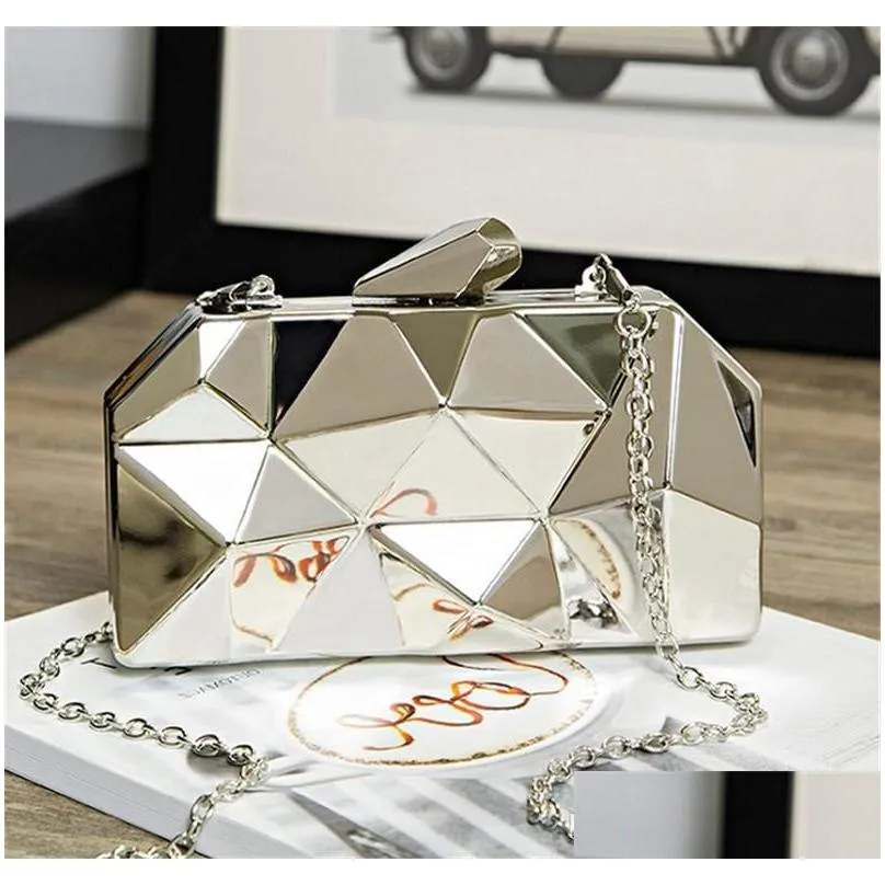 geometric small cross body pu purse for women fashion clutch evening bags silver golden wedding handbag with long metallic chain