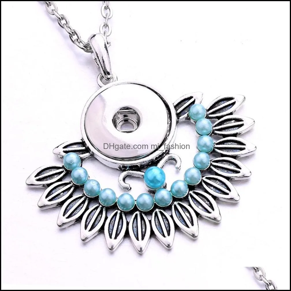 fahion retro silver snap button pendant jewelry acrylic pearl paved feather charms 18mm snaps buttons necklace for women noosa