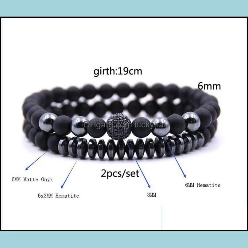 two 6mm matte black agate microinlaid zircon bracelet for men and women couples from reiki healing bracelet gifts