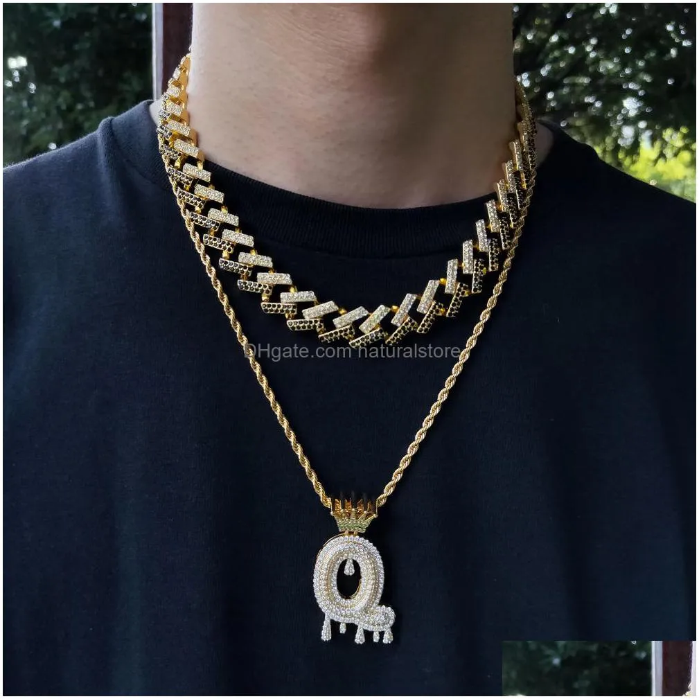 mens 15mm  cuban link chain necklace bracelets set for women bling iced out diamond gold silver thick heavy chains hip hop