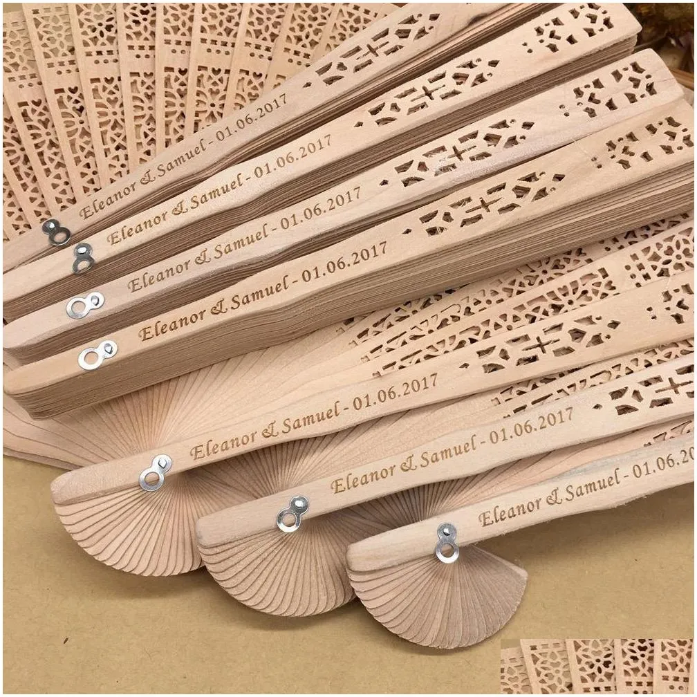 50pcs/lot personalized fans chinese sandalwood fan with organza bag custom made names words hollow out hand fans summer wedding party favor supplies gifts