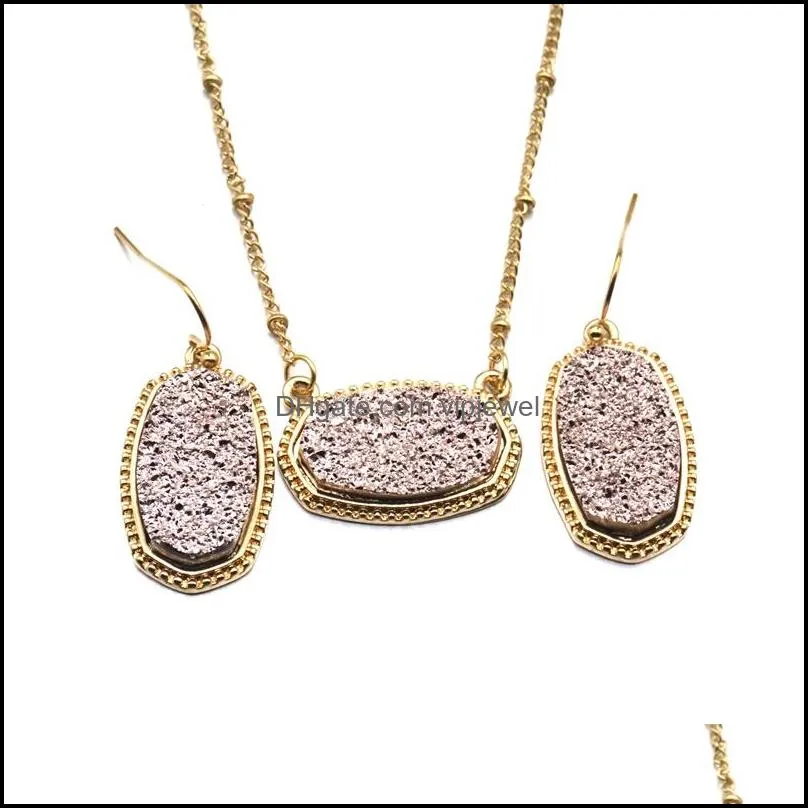 designer oval drusy druzy necklace dangle earrings jewelry set gold plated druse choker women wedding party