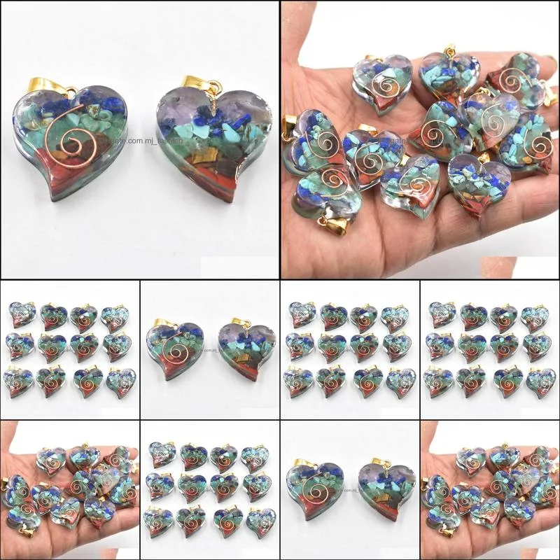 retro colorful natural 7 colors stone resin heart shape charms pendants wholesale for necklace jewelry making