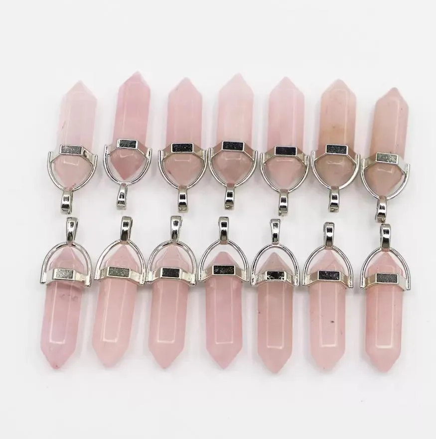 natural stone rose quartz hexagonal column pillar charm pendants for diy women jewelry accessories new design necklaces