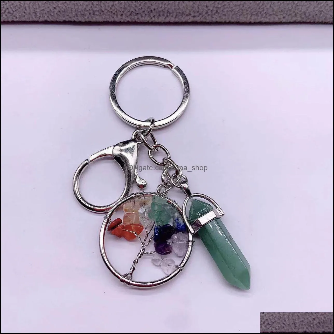 natural stone hexagonal prism quartz keychain colorful gravel tree of life key ring for women men handbag hangle car key holder raw mineral keyring