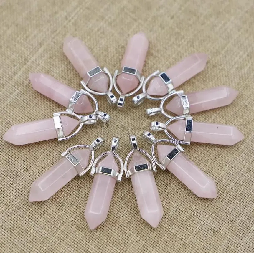 natural stone rose quartz hexagonal column pillar charm pendants for diy women jewelry accessories new design necklaces