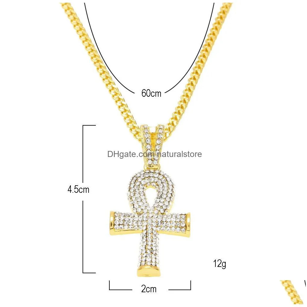 mens egyptian ankh key of life necklace set bling iced out cross mini gemstone pendant gold silver chain for women hip hop jewelry