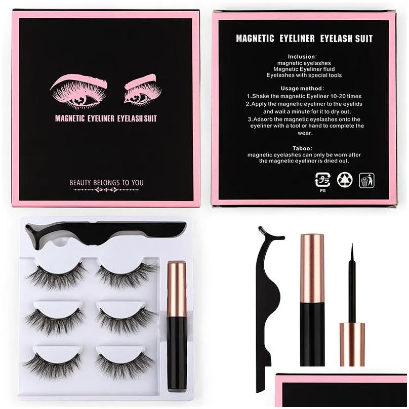 3 pairs magnetic eyelashes eyeliner and tweezer set false eyelash tapared crisscross thick winged natural long wholesale makeup mink