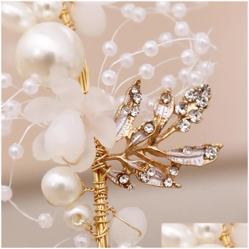 gold flower pearl headband tiara crown wedding bridal princess headbands hair jewelry crystal accessories bride headdress headpiece