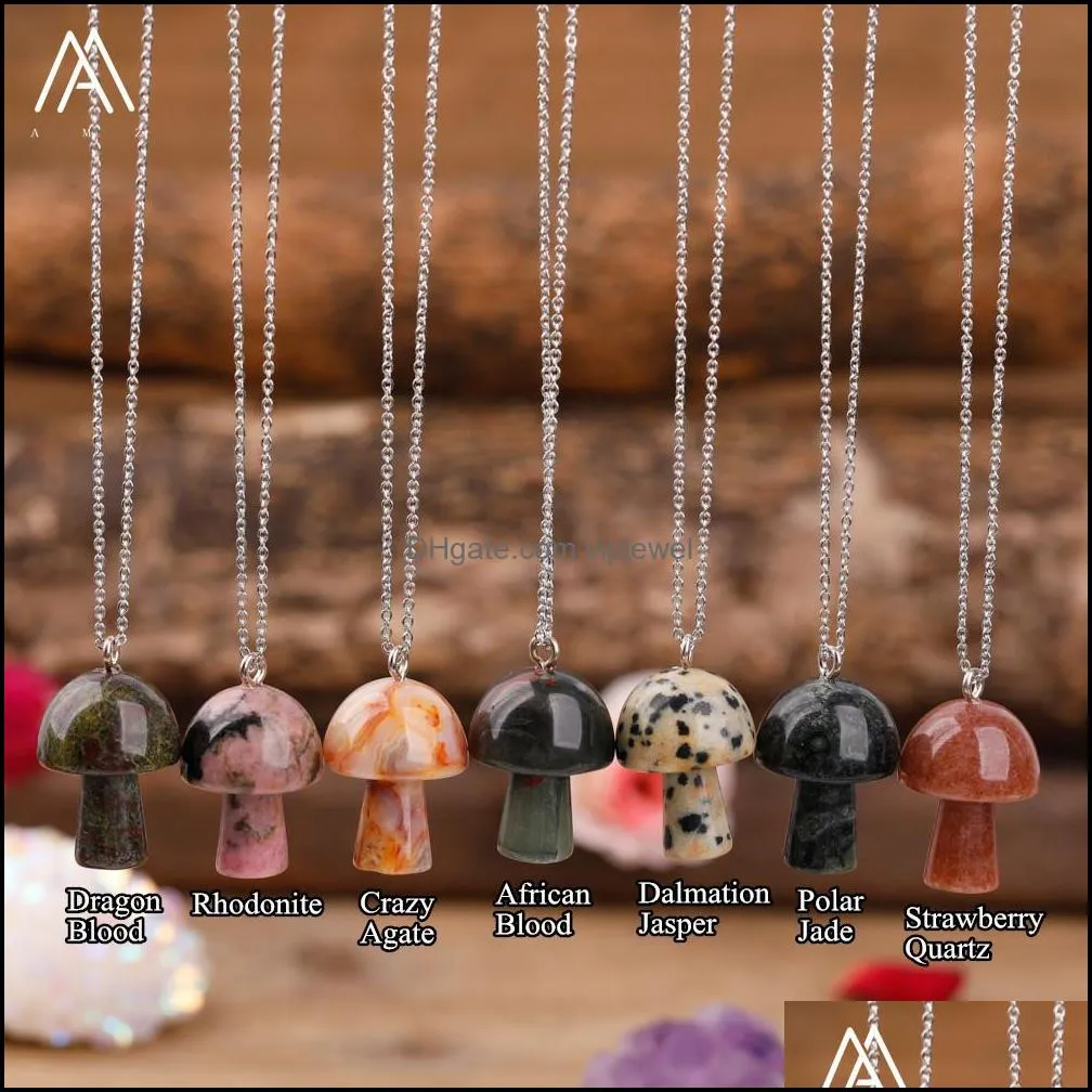 carved gemstones mushroom pendant charms stainlesssteel chain women healing crystals figurine pendant necklace jewelry