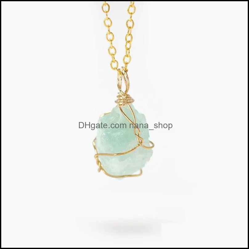 natrual raw stone necklace for women men golden color chain wire wrap irregular real quartzs pendant necklece reiki jewelry gift