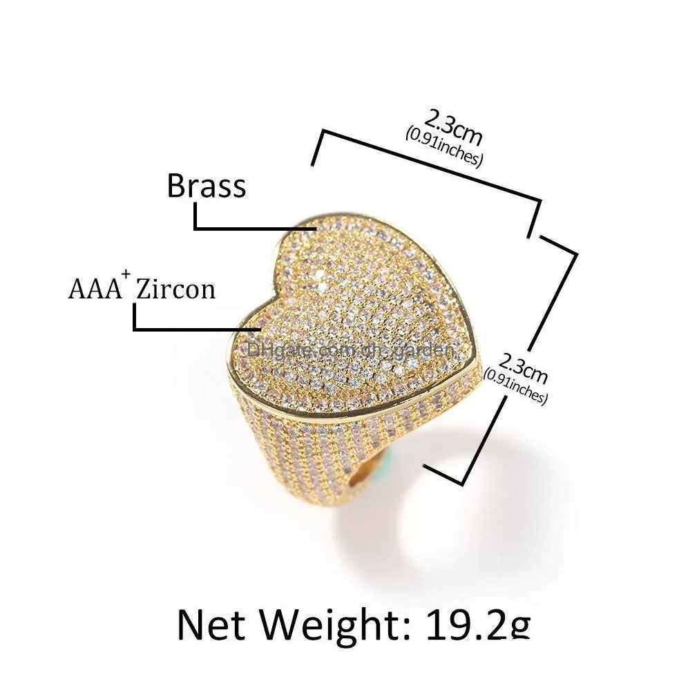 hip hop new mens big heart full zircon men ring famous brand iced out micro pave cz rings punk rap jewelry size