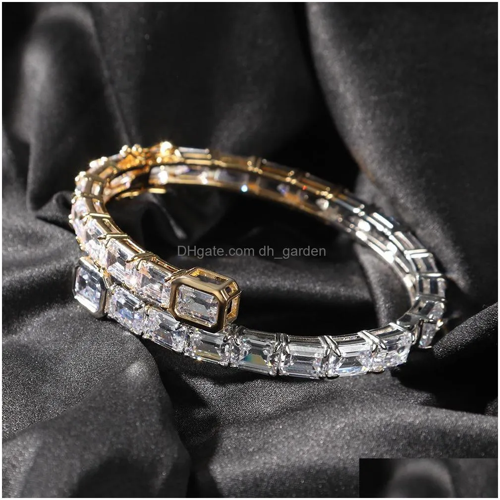 14k yellow gold men ladies square diamond bangle bracelet 6mm iced out cubic zirconia tennis bracelets hiphop jewelry