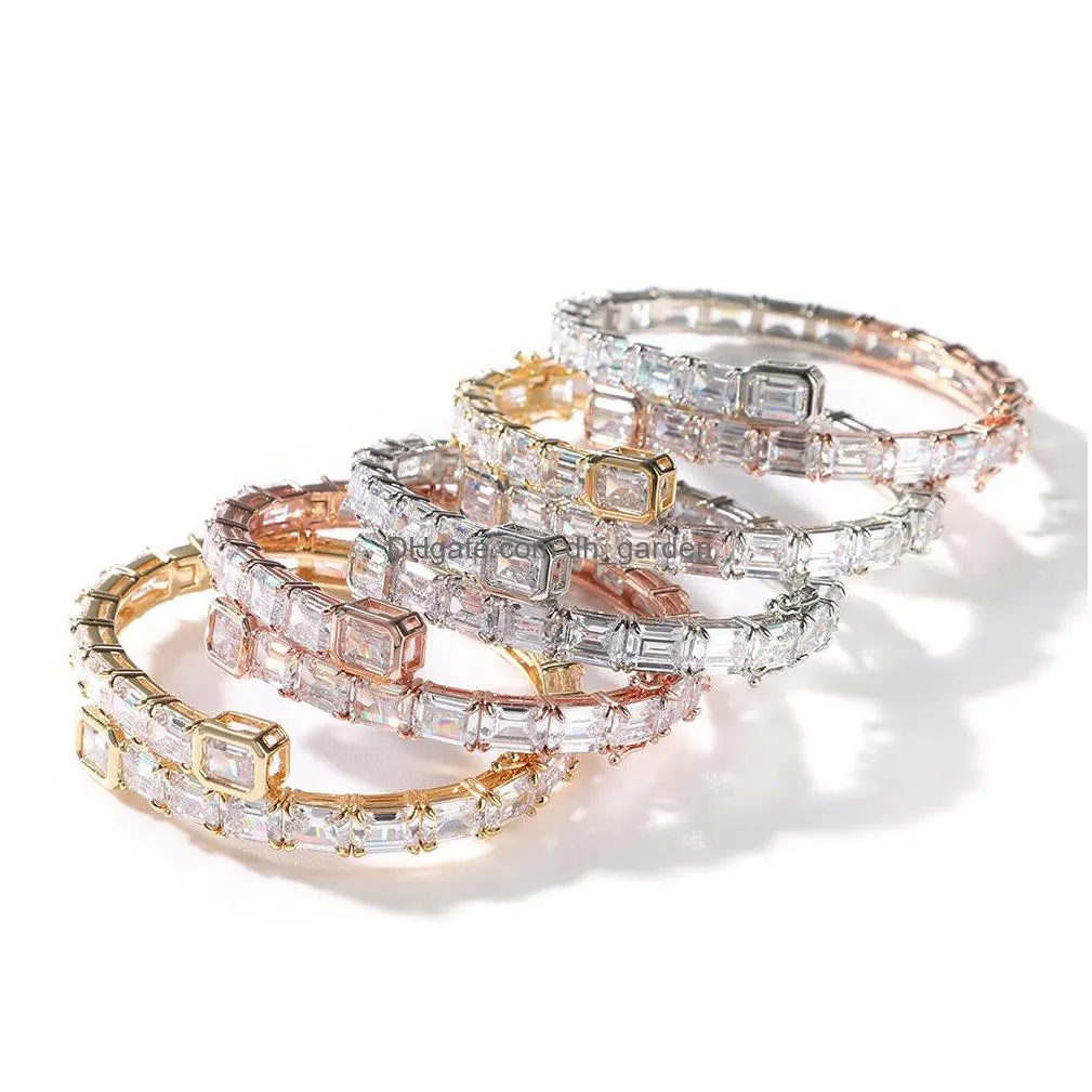 14k yellow gold men ladies square diamond bangle bracelet 6mm iced out cubic zirconia tennis bracelets hiphop jewelry