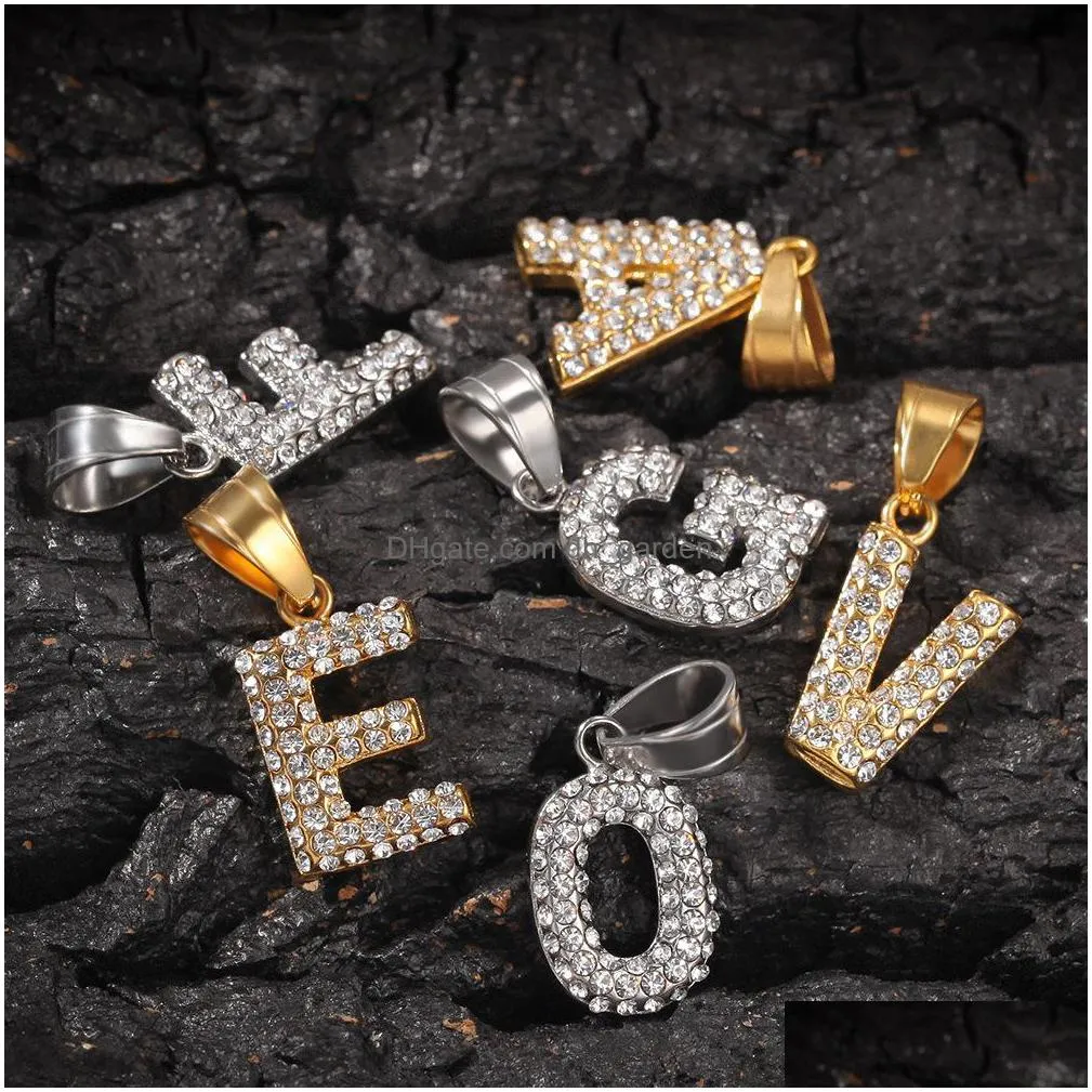 iced out mens hip hop necklace fashion womens gold silver stainless steel diamondstudded mini letter pendant necklace