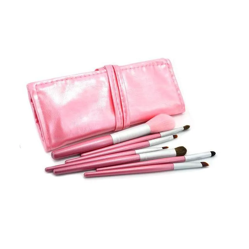 beginner horse hair 7pcs/set makeup brush portable pink / gold / black pu bag 7 makeup set brush.