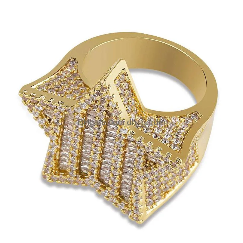 mens fashion copper with side stones micro paved gold silver color plated ring iced out cz stone star shape rings j