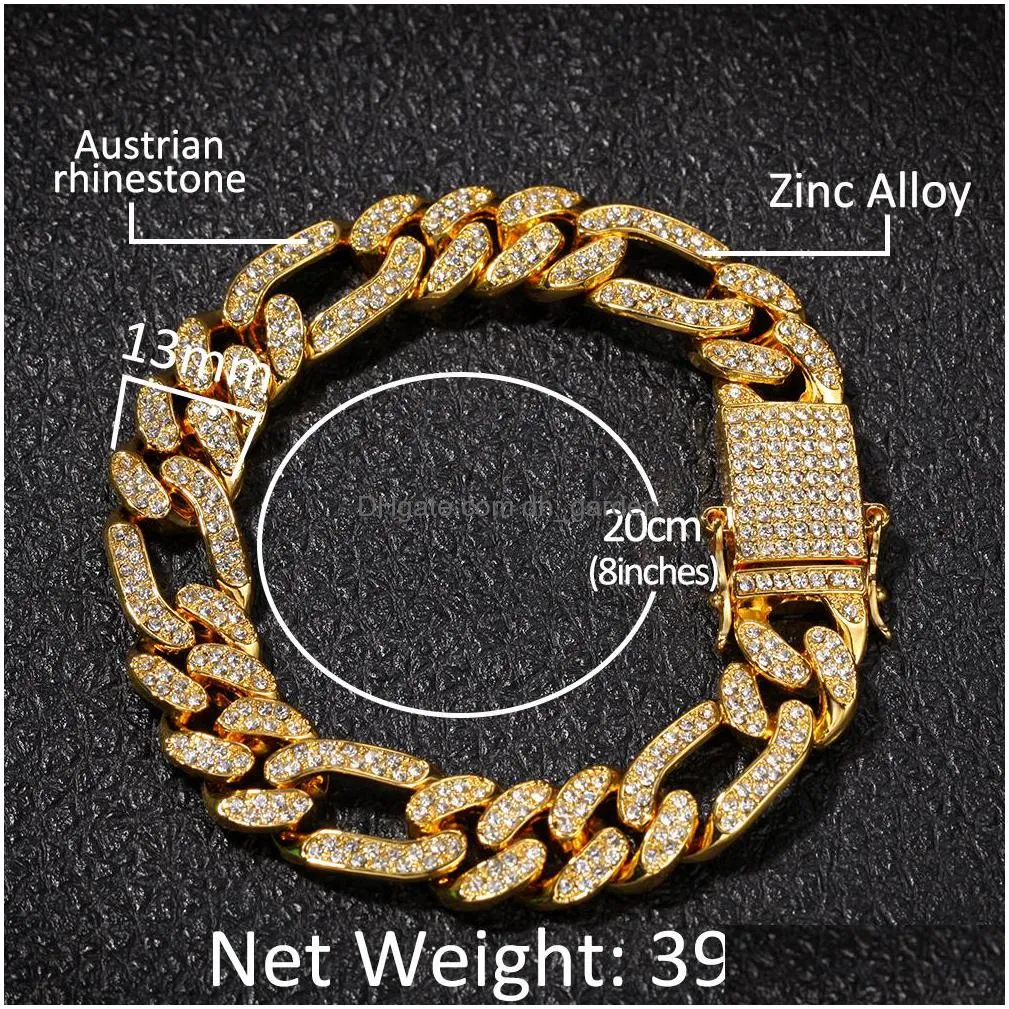 iced out figaro bracelet 13mm bling  cuban link full iced rhinestones hiphop mens bracelet hip hop jewelry