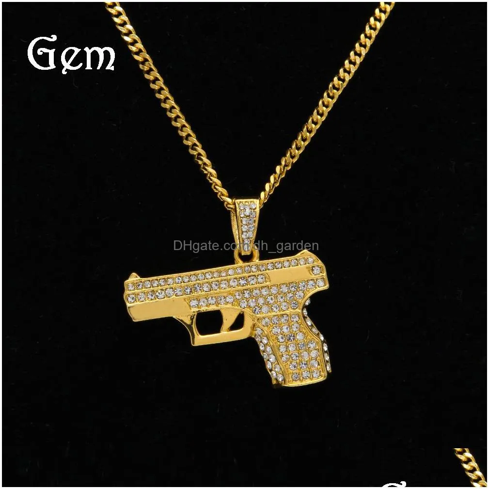 mens fashion necklace full diamond pistol pendant hip hop necklaces for men gold plated cool hiphop chains